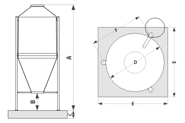 Schema dimensioni silos vetroresina a 3 gambe