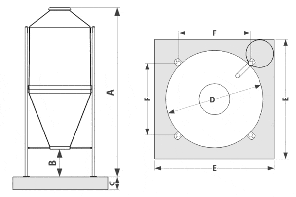 Schema dimensioni per silos vetroresina a 4 gambe